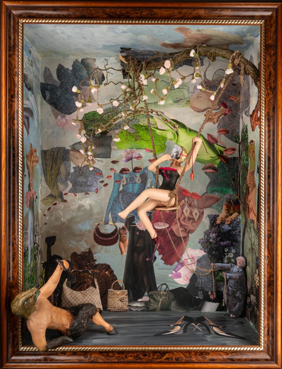 Collage and sculpture of figures representing the Swing by Fragonard.