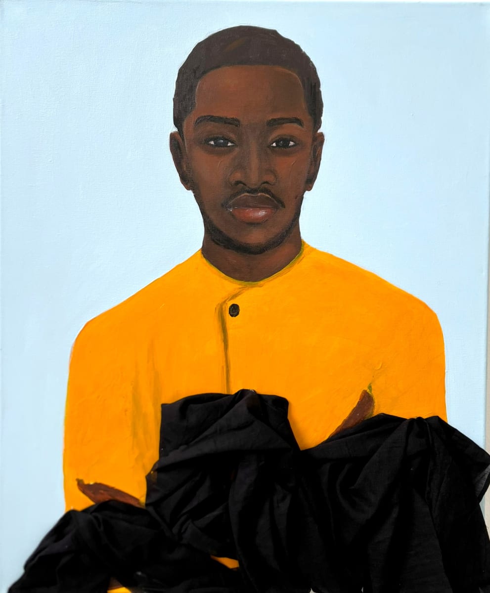 "Na man yo be no mean say e no pain you" 2026, Acrylic on canvas, fabric.