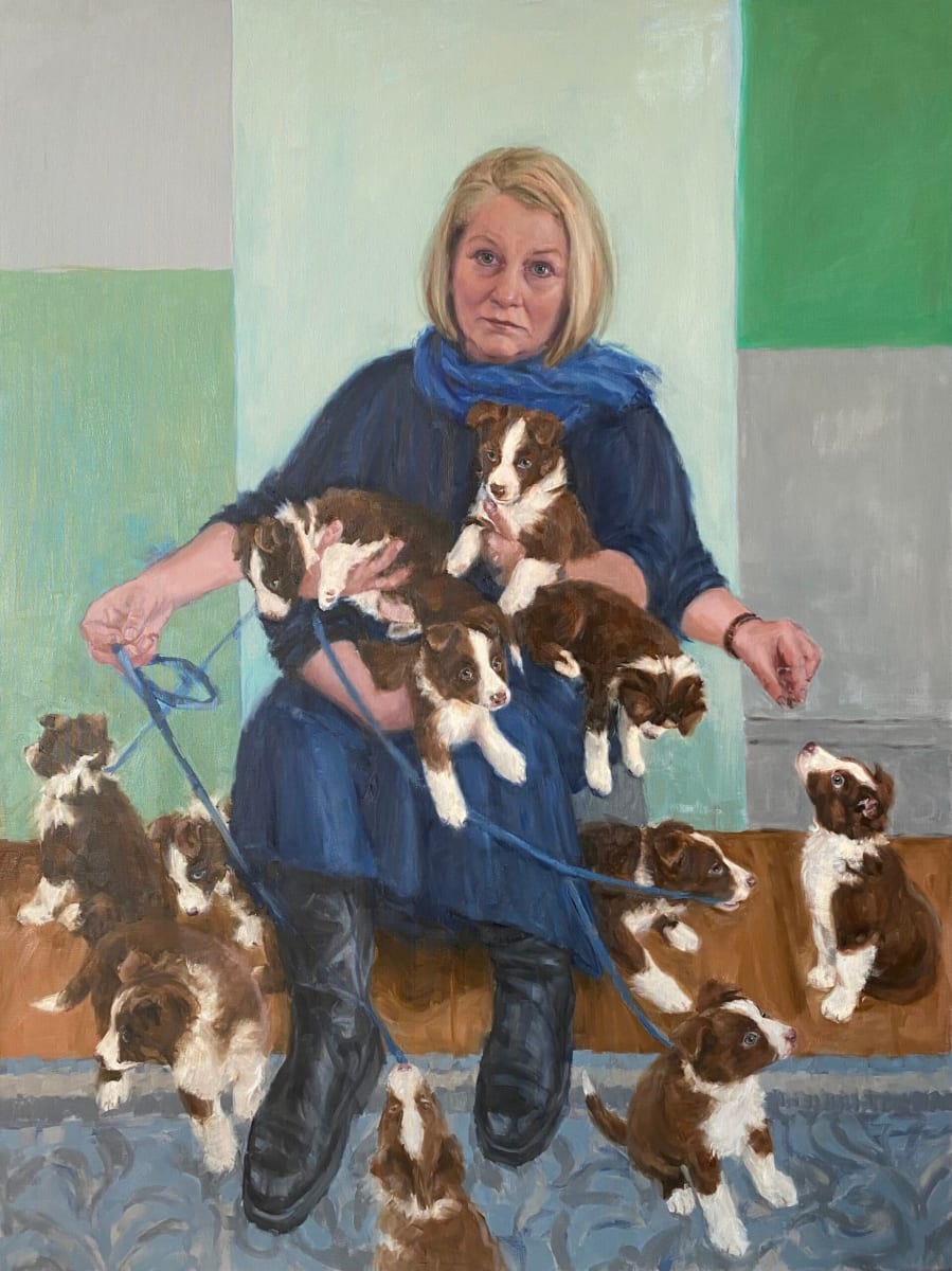 Self-portrait with New Puppy by Diane Firth - Painting