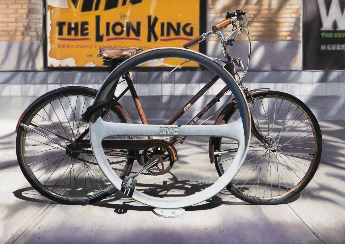 2025 International Association of Pastel Societies (IAPS) 47th Open Division, Juried Fall Exhibition, Accepted for exhibition     This pastel painting reveals a captured moment of New York City life through a vintage 1976 Huffy Sun Country 3-speed bicycle, locked to a uniquely crafted NYC bike rack. The addition of vibrant Broadway posters adds a lively urban backdrop, enriching the scene with a strong sense of place and energy.     The softened background draws attention to the bicycle’s intricate details—the weathered layers of aged paint, textured rust on metal, gleaming chrome accents, and the tactile quality of rubber tires—all illuminated by dramatic afternoon shadows. This piece celebrates both the beauty found in everyday objects and a fleeting moment frozen in time, offering a thoughtful blend of realism and atmosphere.