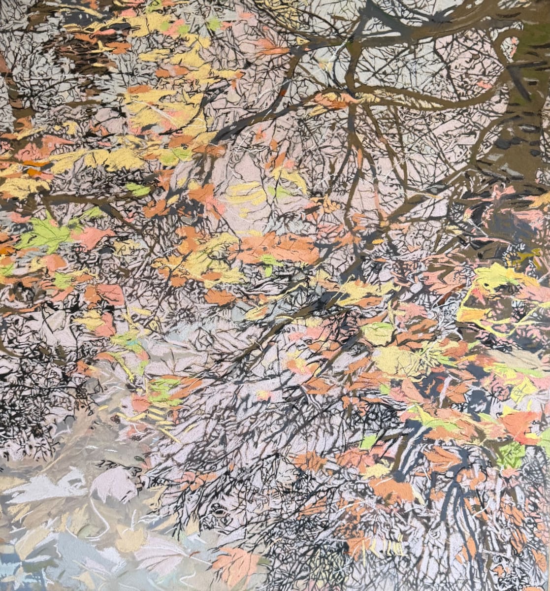 Blend. A pastel drawing of reflections and layers of leaves. 