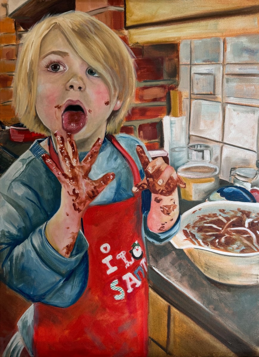 Oil painting of a young child with chocolate covered fingers