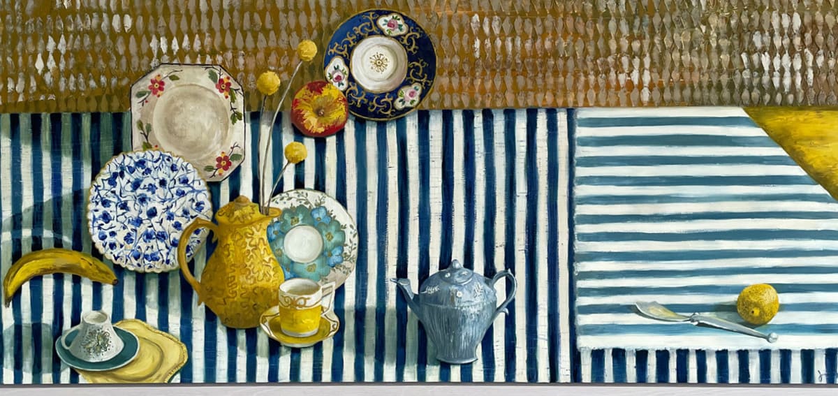 'When Susie Cooper Came to Tea' is a large oil painting depicting a collection of antique crockery on a striped background in blues and yellows
