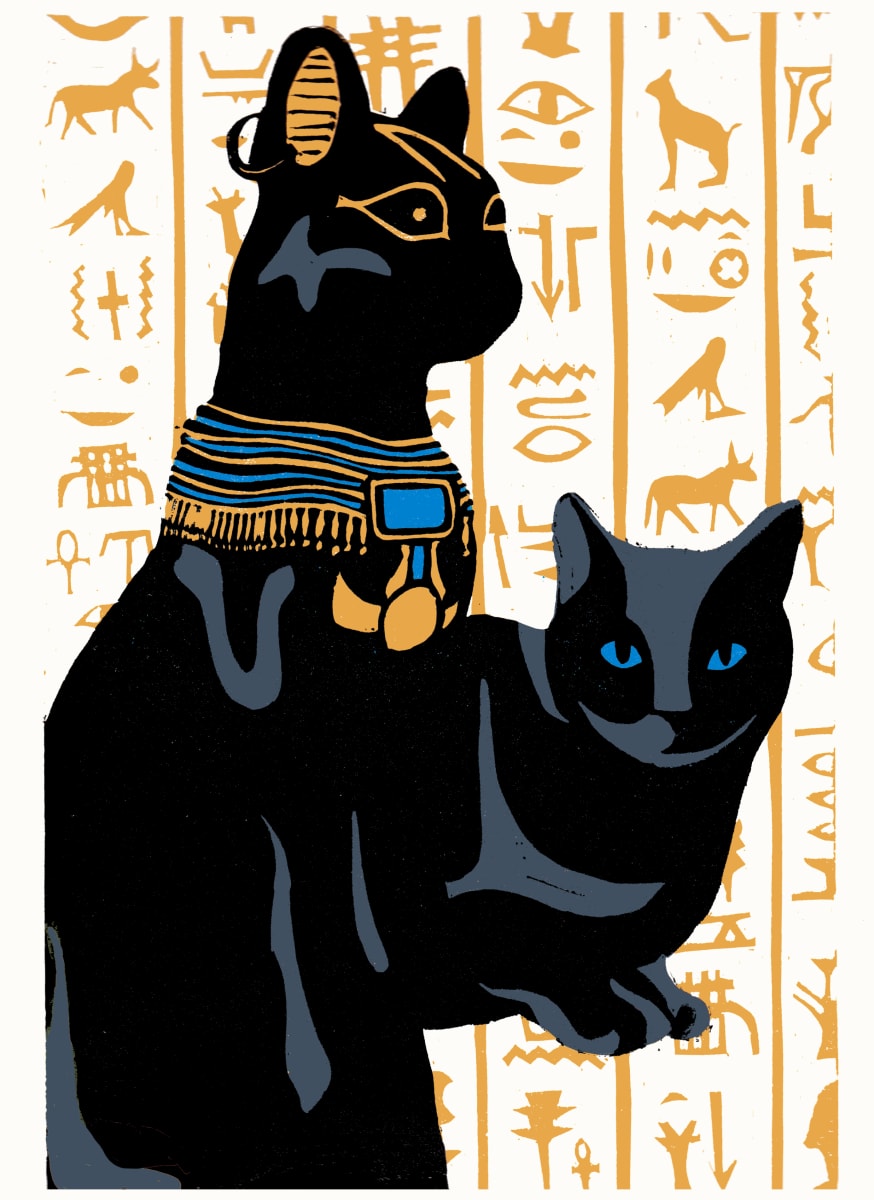 Bastet - linocut - an egyptian cat and a real black cat in front of heiroglyphics