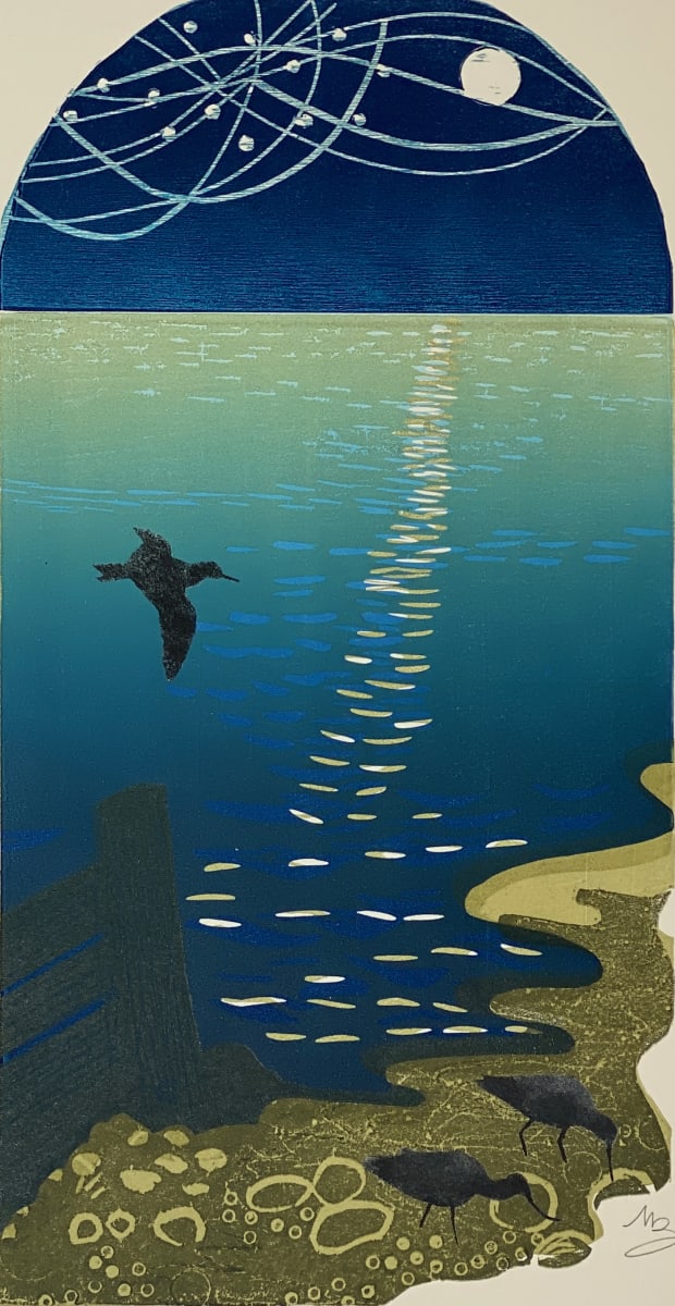 Lino & woodcut of dusk on the shoreline in blues, greens and indigo.