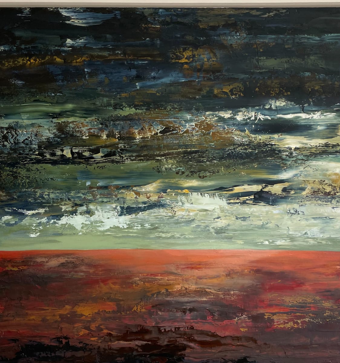 'Evening Song' is a large oil painting capturing the essence of twilight on the coast in rusts and greens.