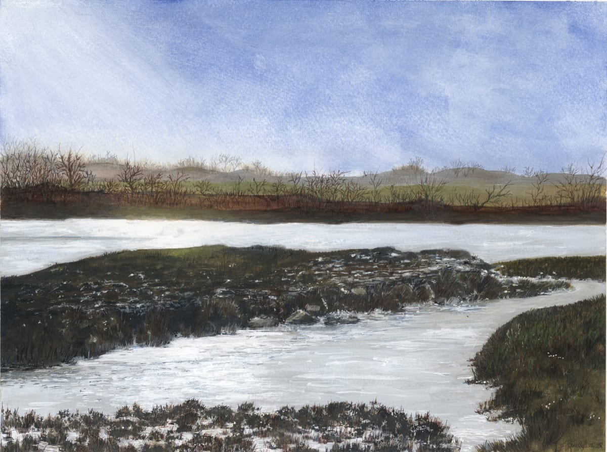 Winter Creek is a 56cm x 43cm framed watercolour of Alresford Creek on a very cold morning.