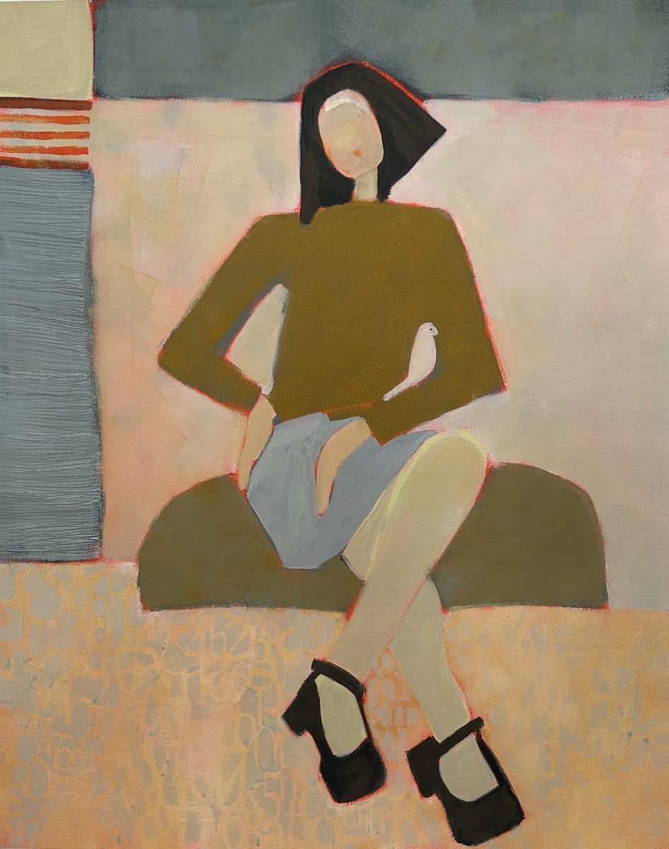Acrylic painting of abstract figure and bird in mid century tones