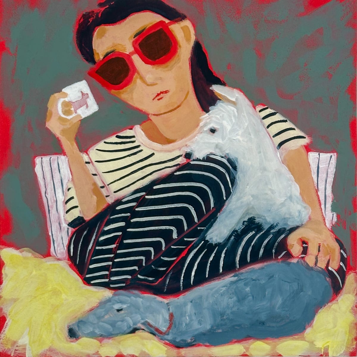 Acrylic painting of girl and dogs all dressed in stripes