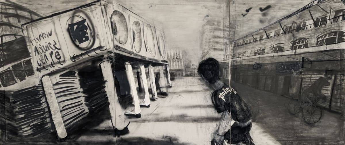 Day End by Jordan Cook - Charcoal, pastel, acrylic, ink and collaged paper on canvas