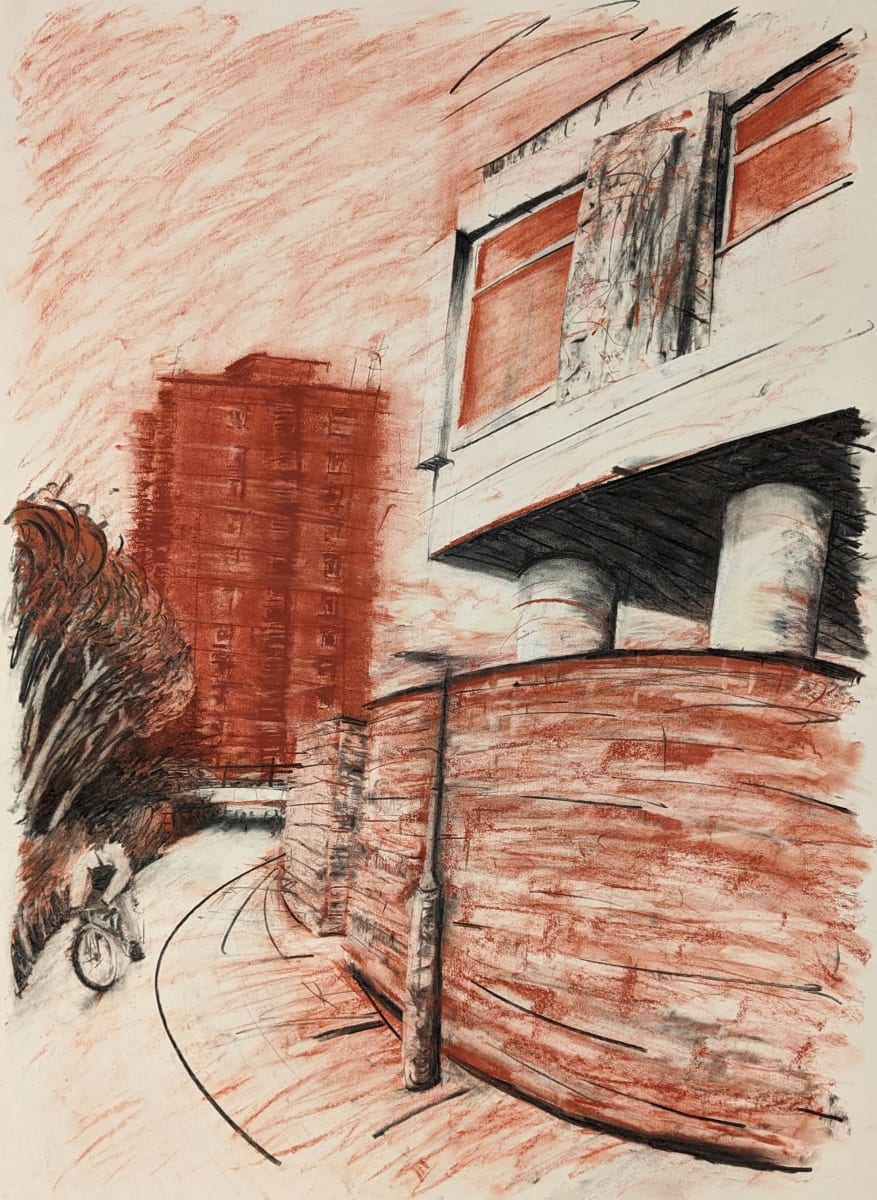 No Hands (Netteswell Tower) by Jordan Cook - Charcoal and soft pastel on paper