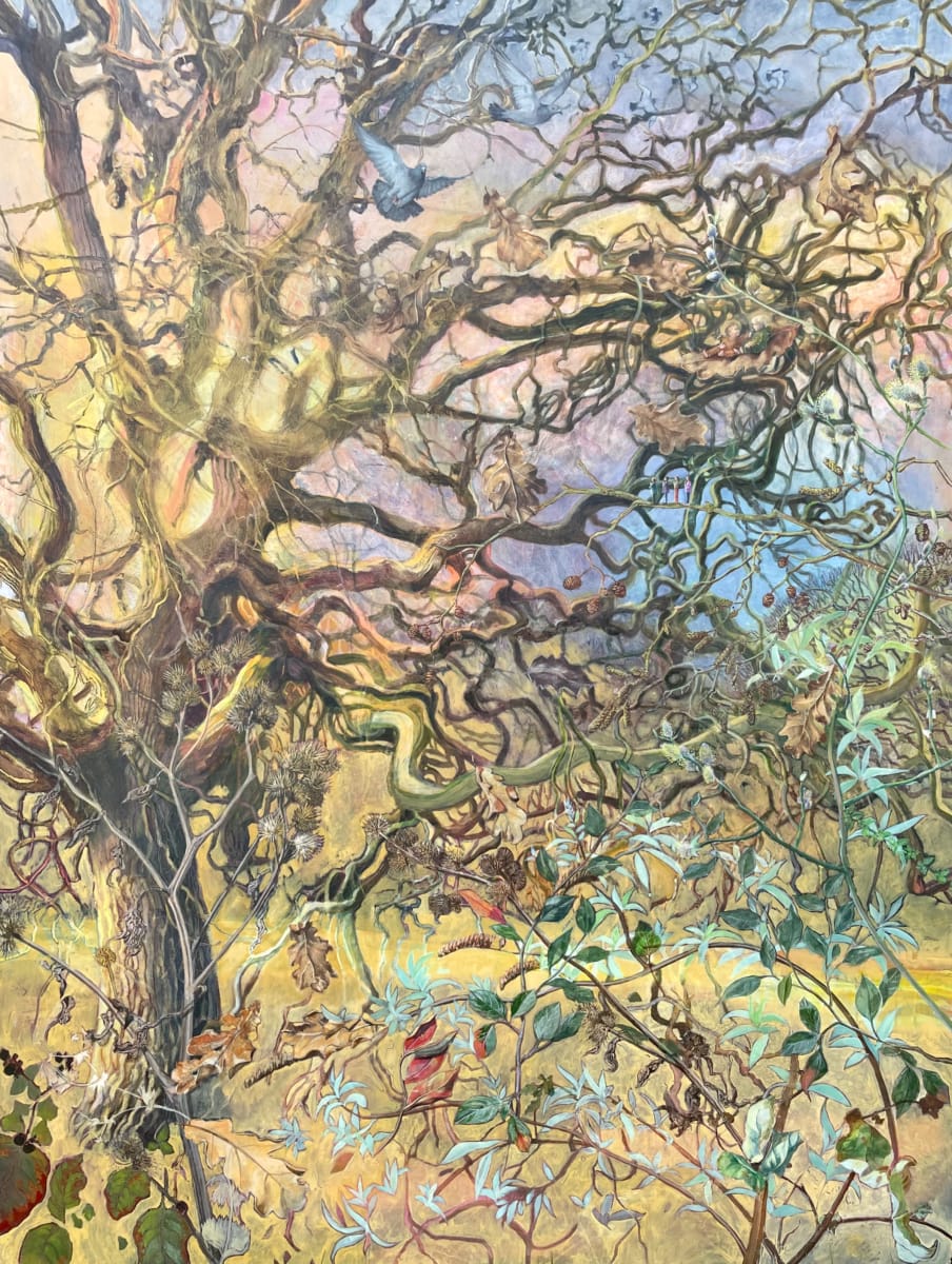 Oil&acrylic in panel ‘Mother or Illuminatiosnand Blessings’ the tree that inspires love and the changing light of day, the small people that have come to honour this mother