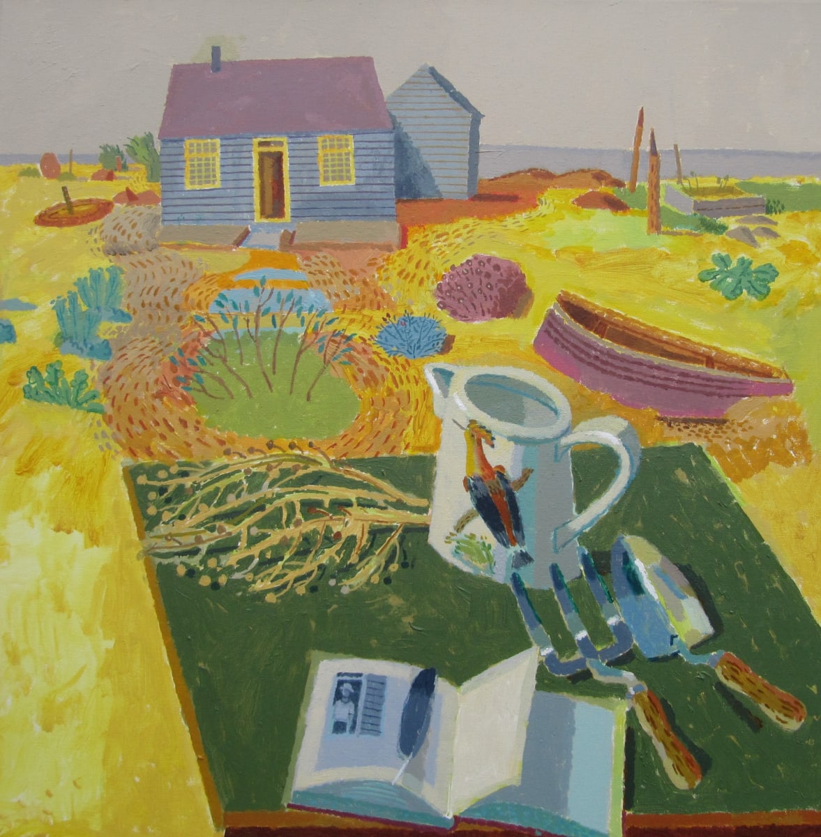 Acrylic painting of still life in the landscape of Dungeness, in yellows, green and greys