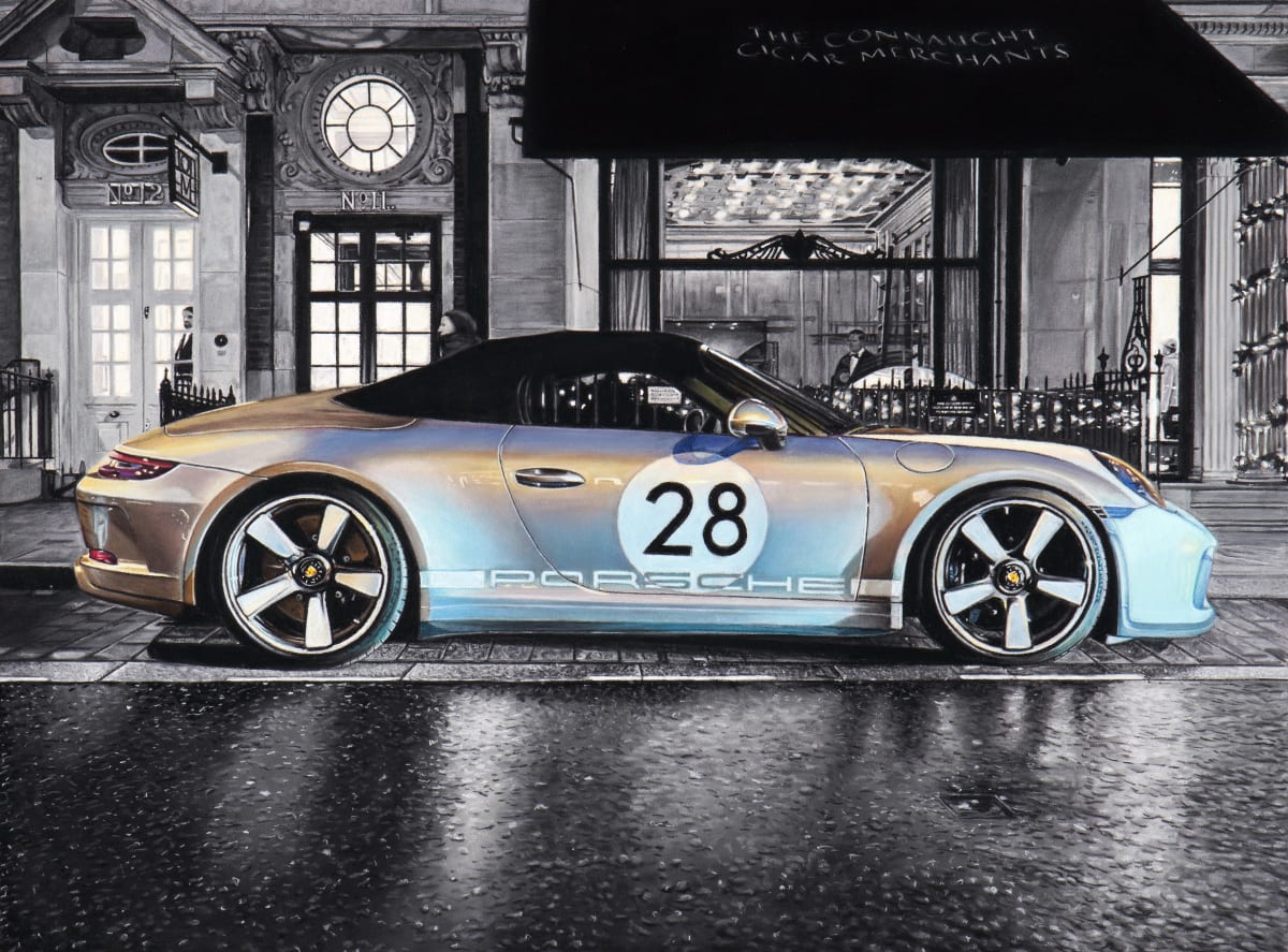 This painting is one in Rays ‘Cars of London’ pastel painting portfolio. Each of the cars in this portfolio are painted in accurate scale compared to each other.     Ray spotted this Porsche 911 Speedster Heritage with Design package parked in Mayfair, London outside the Connaught Hotels Cigar Merchants and used his reference photo to paint this detailed artwork.  This 2019 special version is in GT silver metallic with white front bumper and spears on the fenders.     The minute detail is the background should not be forgotten when focussing on the pop of colour.