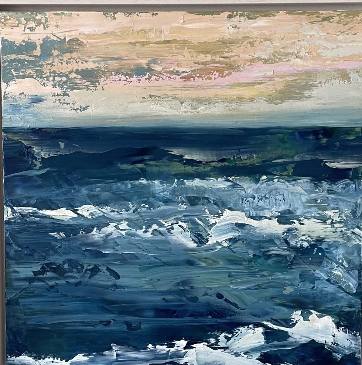 'Dawn Chorus' is a large oil painting capturing the first light of the day over the sea in peach and blue tones.