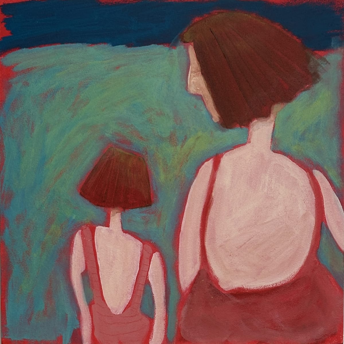 Two figures in red swim suits, acrylic painting
