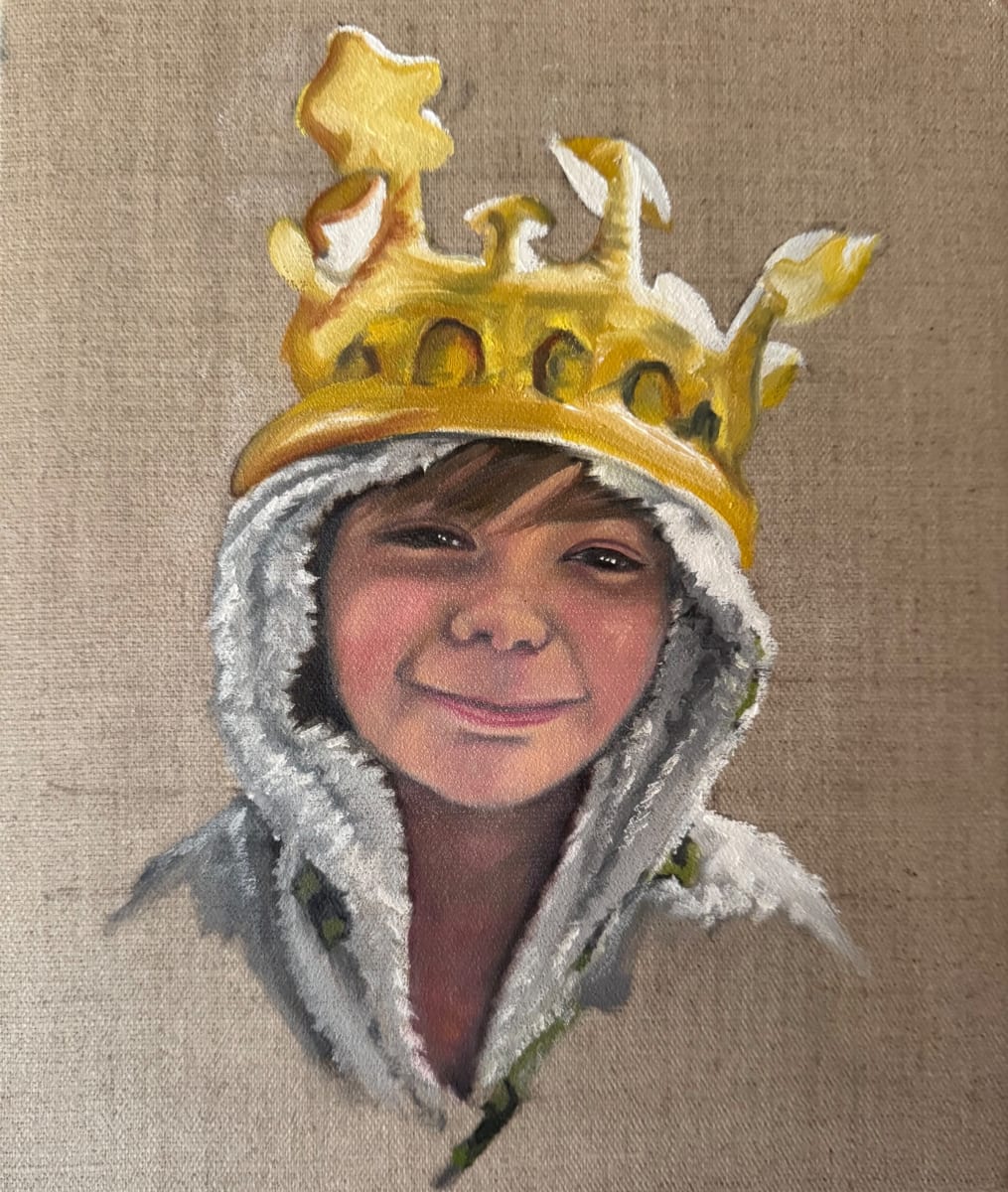 Oil painting of a young boy with an inflatable crown and a fluffy hooded dressing gown