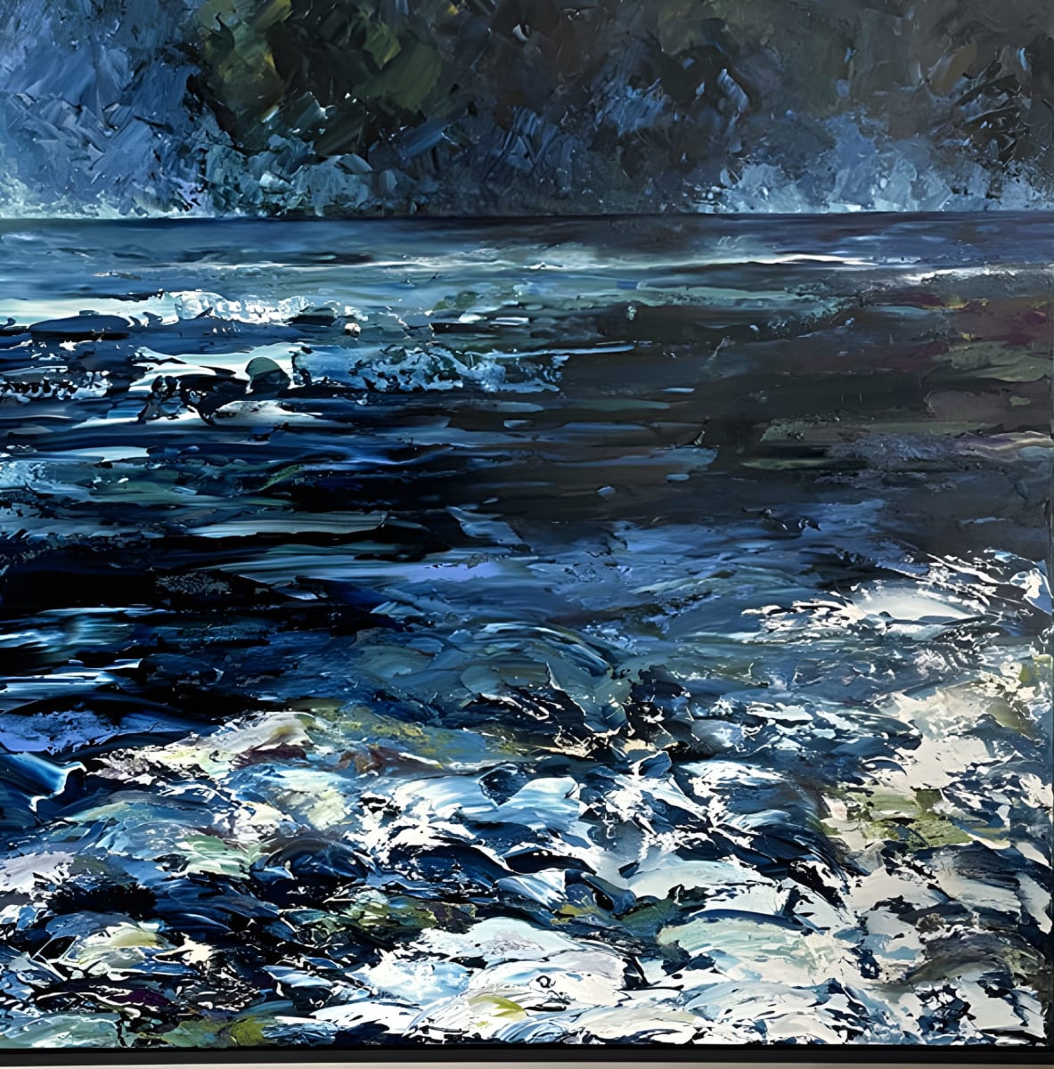 'It Will Pass' is a large oil painting capturing the mood of a storm at sea in deep blues.