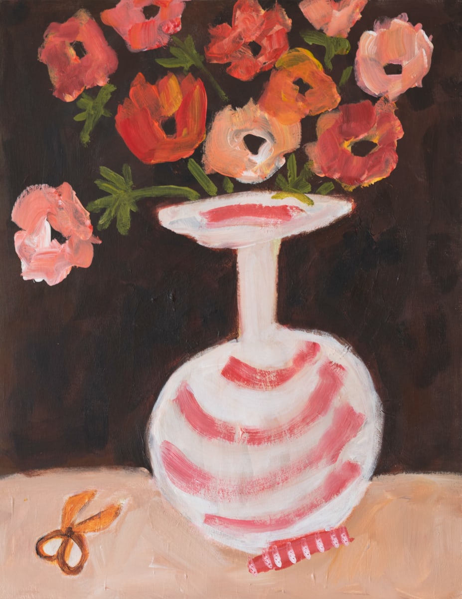 Fun naive still life painting of a pink striped wonky vase full of imagined flowers in shades of red and pink with some small brown scissors alongside. Table top in light pinky peach and a dark brown background