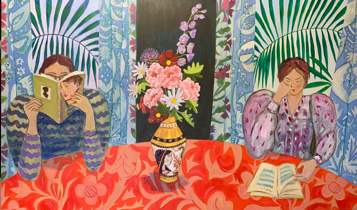Gigantic Courage and Strength” Two readers sat at a table, one reading  Virginia Woolf’s novel, A Room of One’s Own. Acrylic on canvas, 152 x 91 cm