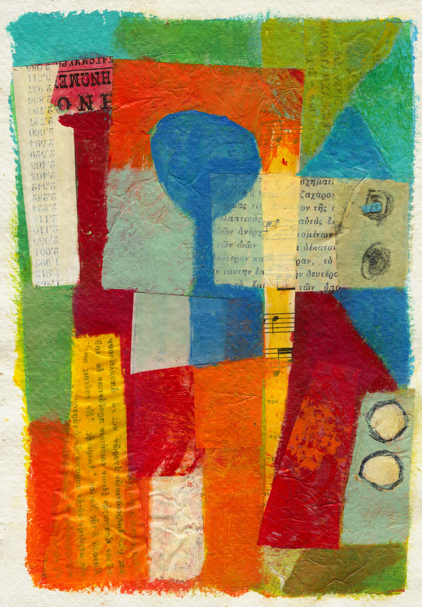 Abstract mixed media - tissue paper, newspaper, acrylic, oil pastel on paper.