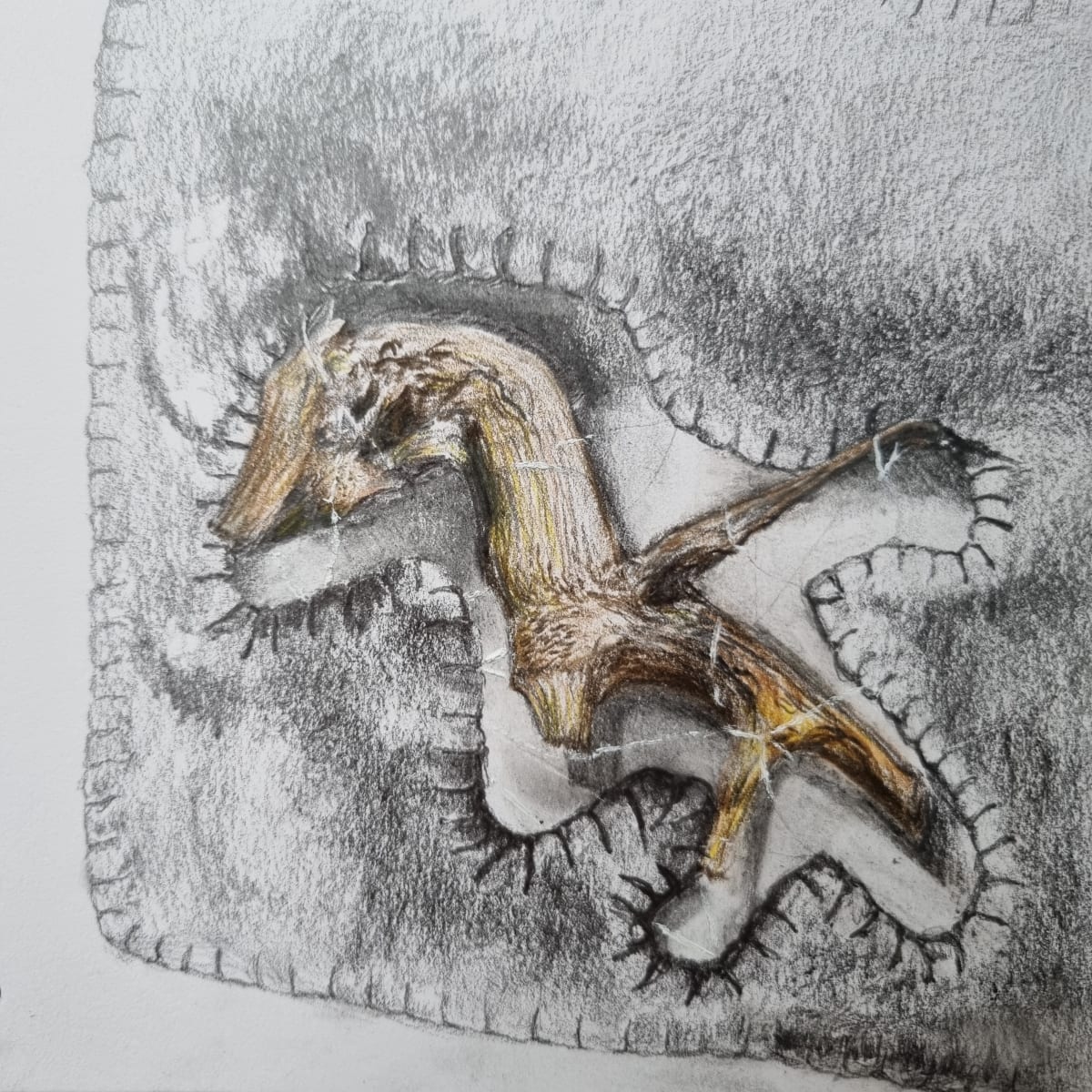 Drawing of the artwork 'Sea Fellow'. A piece of driftwood stitched into velvet.