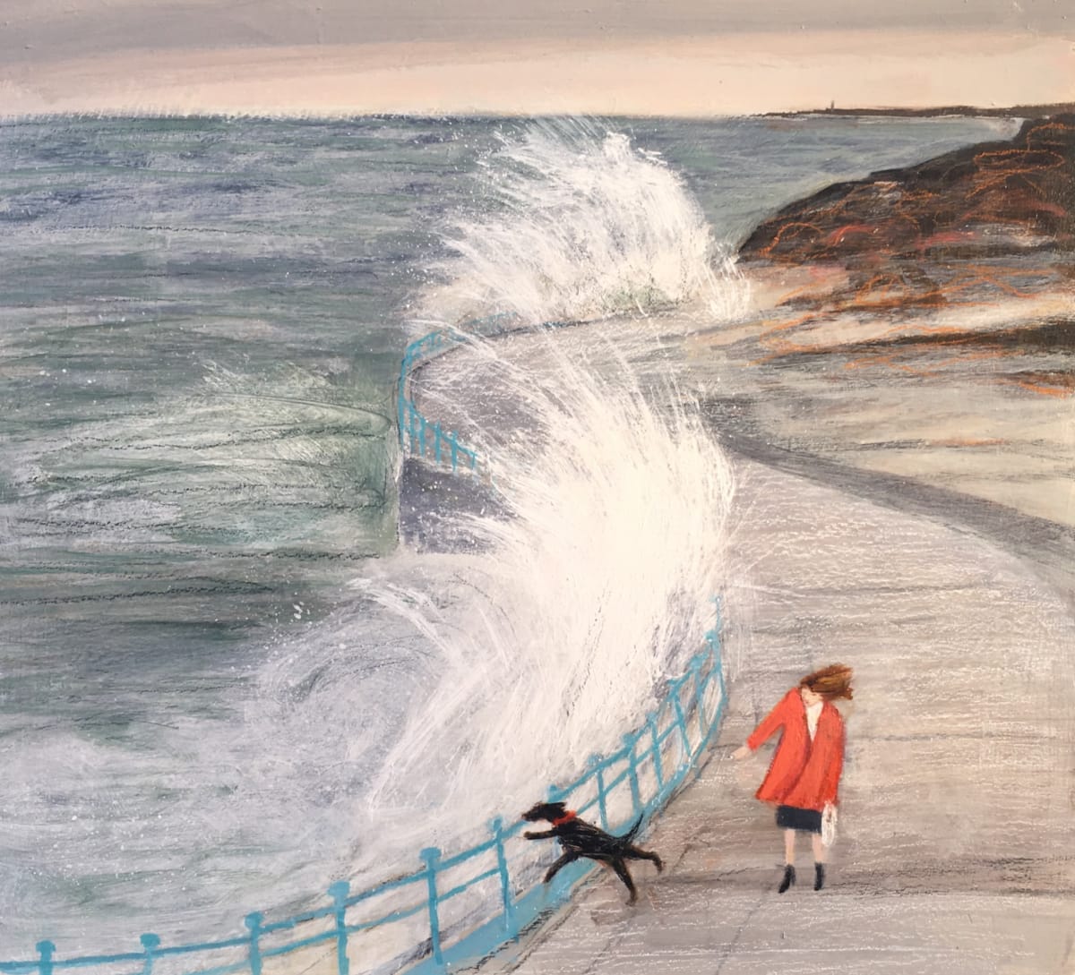 Acrylic painting of a woman and dog overwhelmed by a huge wave on a promenade