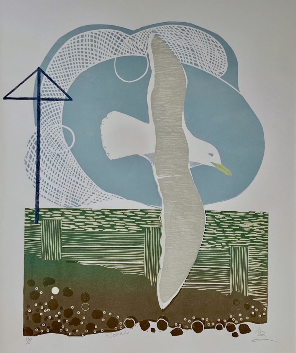 Lino & woodcut of a seagull in greys, greens and blues.