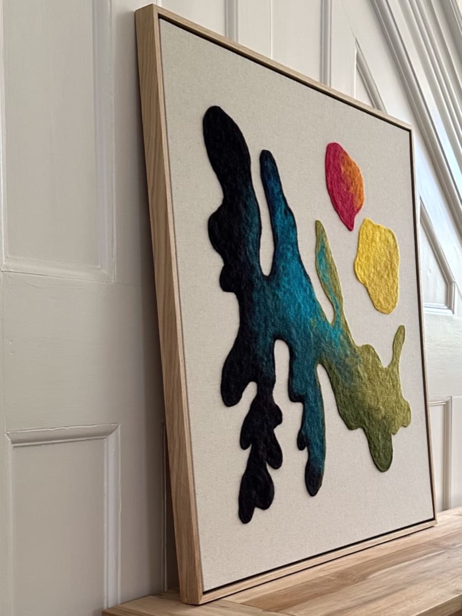 'Islandscape' 100% merino wool fibres, needle-felt on linen, framed in oak