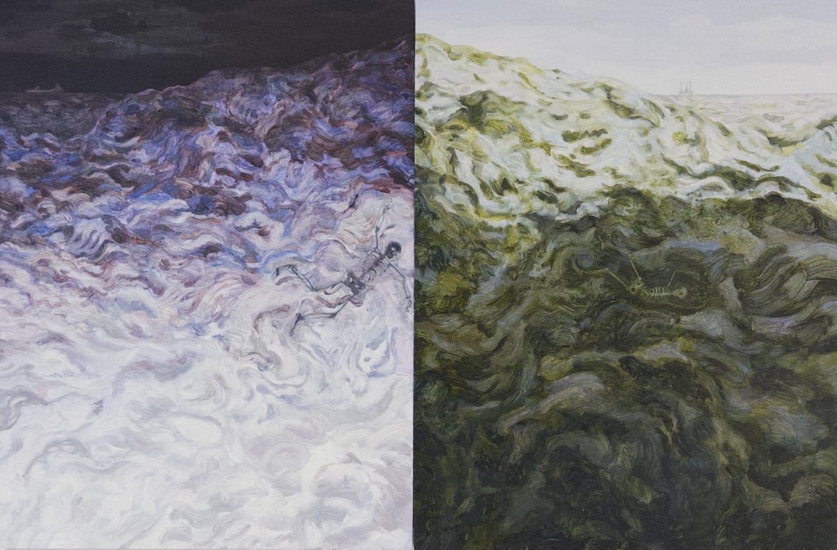 Diptych split into inverted colours, with skeltons.