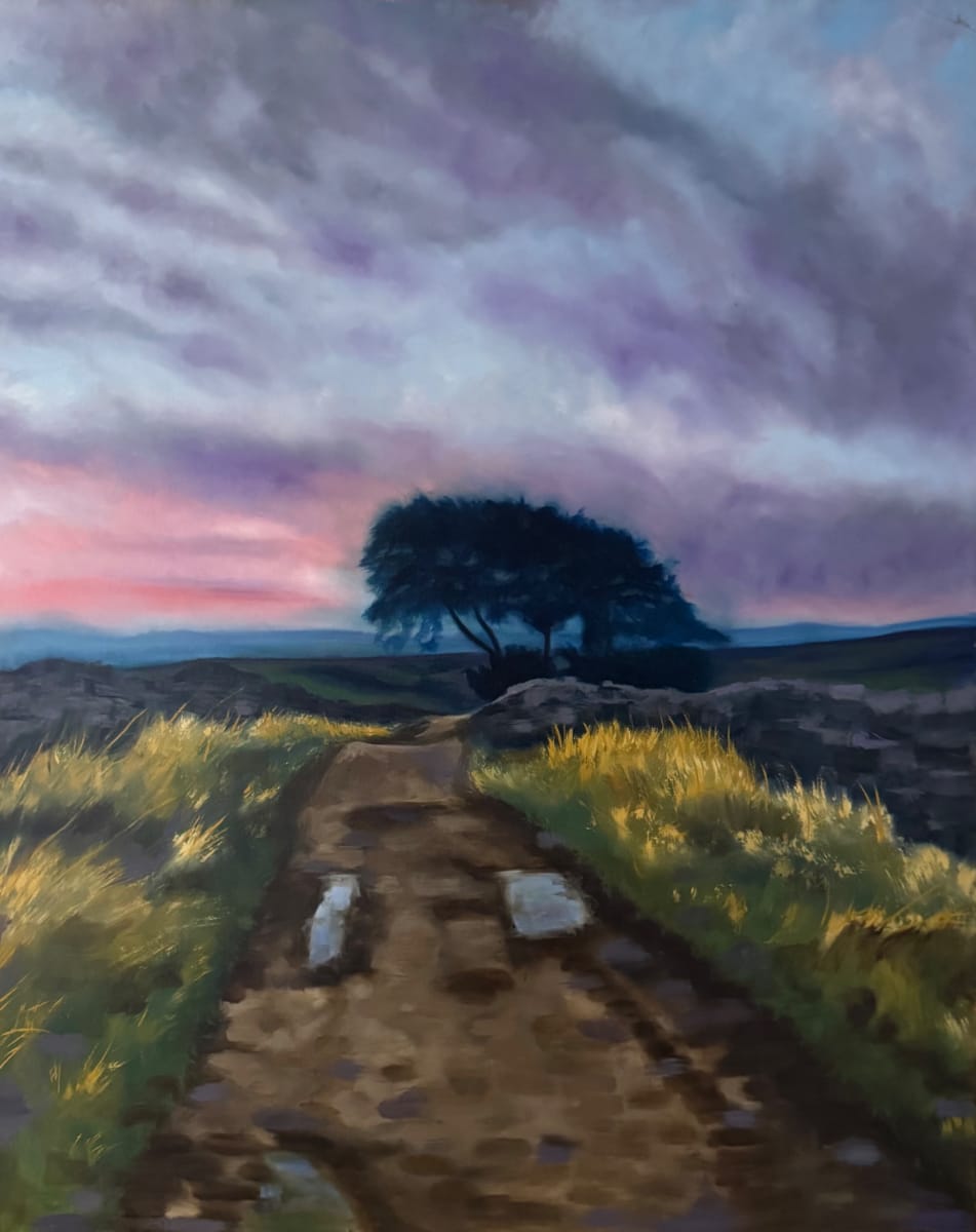 Oil painting of hill track and a solitary tree at dusk
