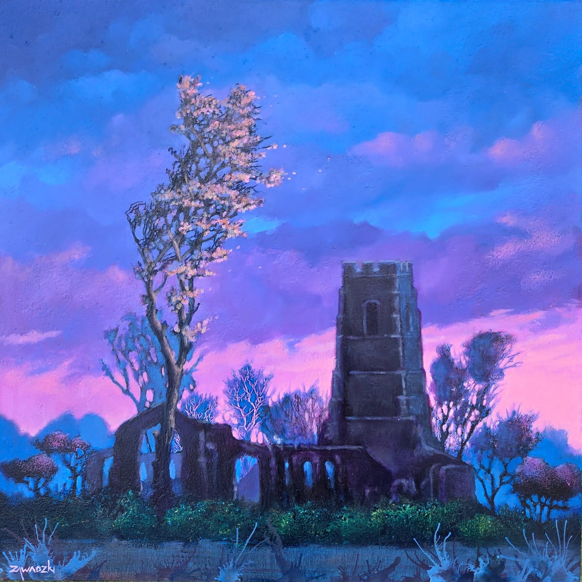 Covehithe Church: oil on steel painting of ruined church against deep blue and pink sunset