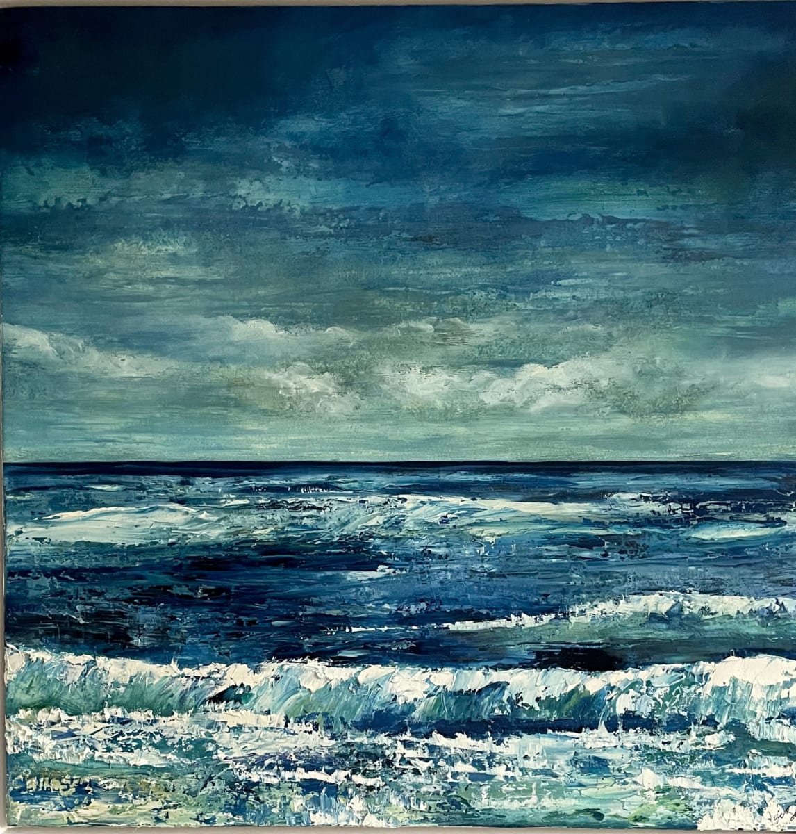 'Blue Heaven' is a large oil painting capturing the tranquil mood of the sea in blues and greens.