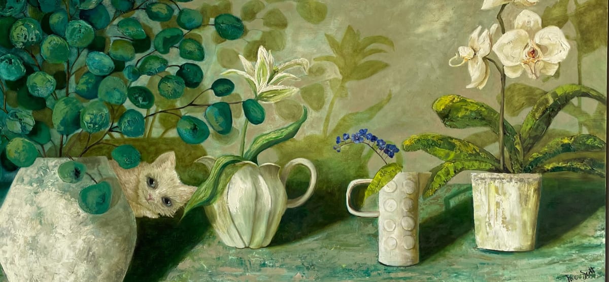 'Thief of My Heart'  is a large oil painting of a collection of white antique jugs with green foliage.