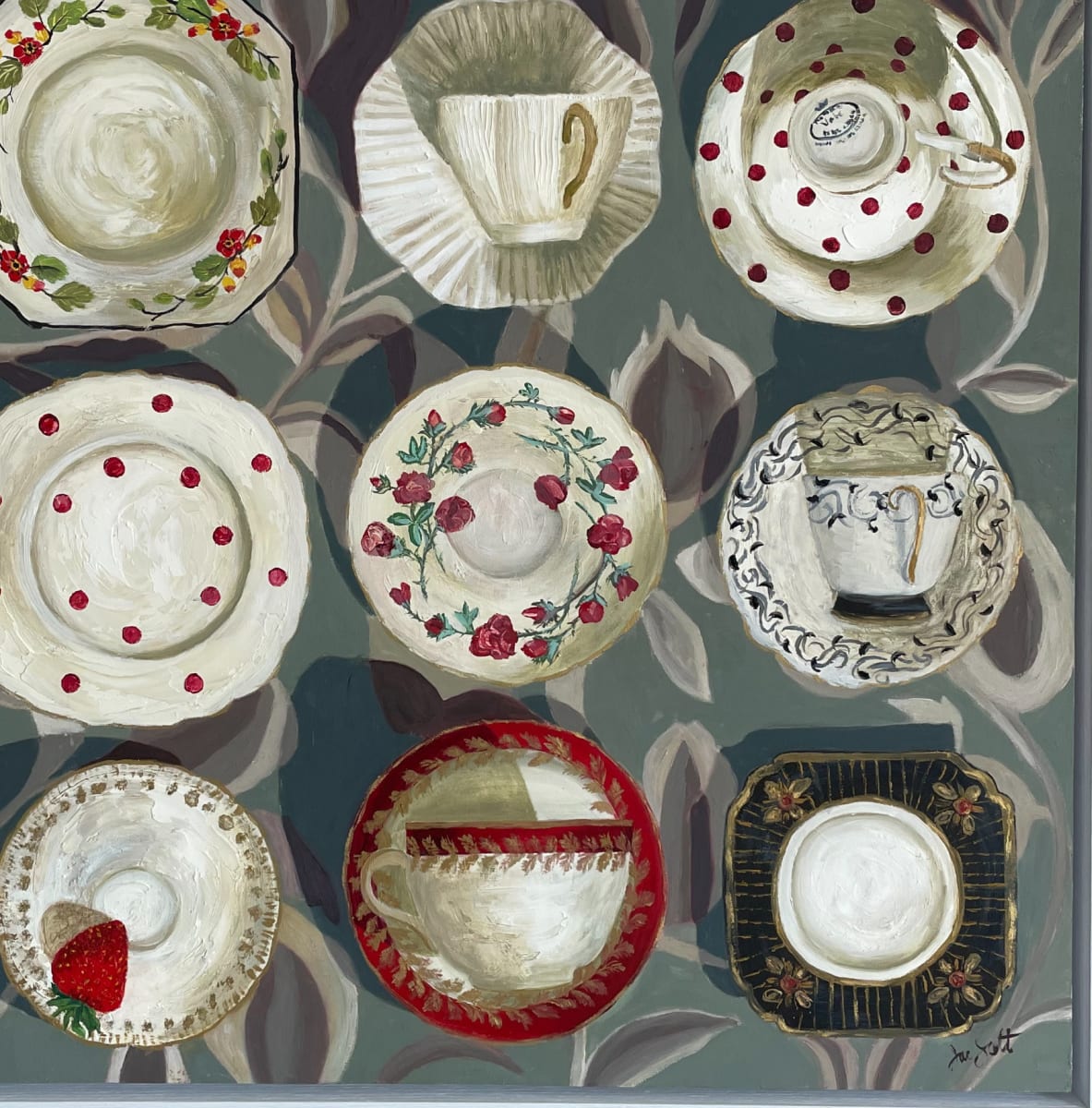 'The First Strawberry' is a medium sized oil painting celebrating antique cups and saucers from an aerial perspective in white, olive green and red. 