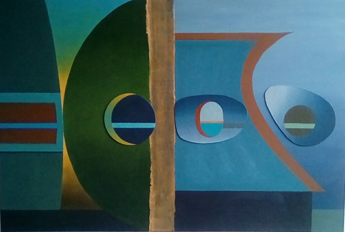 ‘Mine’. Oil and collage. Subtle influences from Hepworth’s sculpture. 