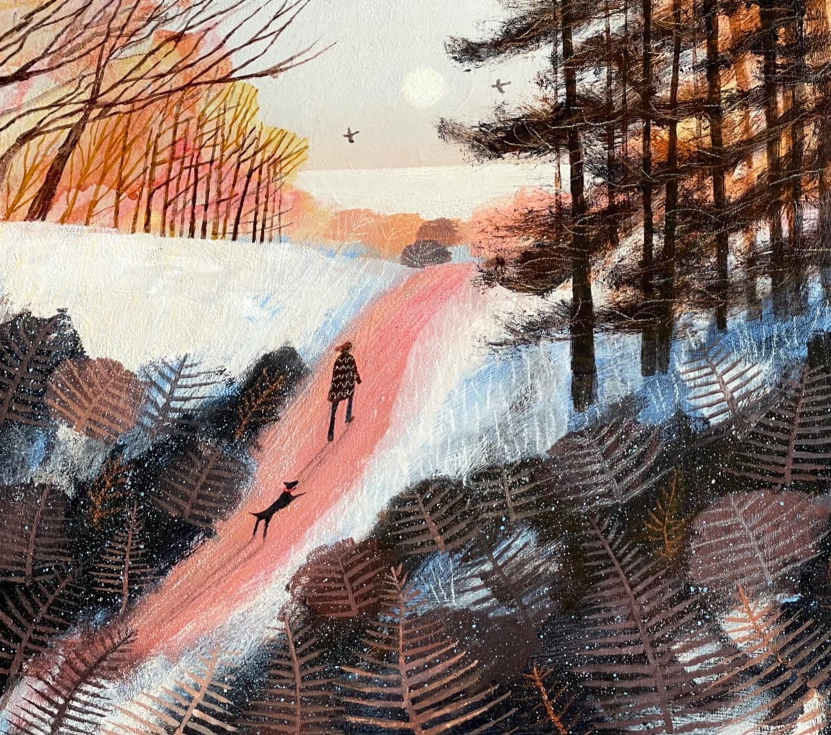 Impressionistic acrylic painting or figure walking on steep path through woods to the sea