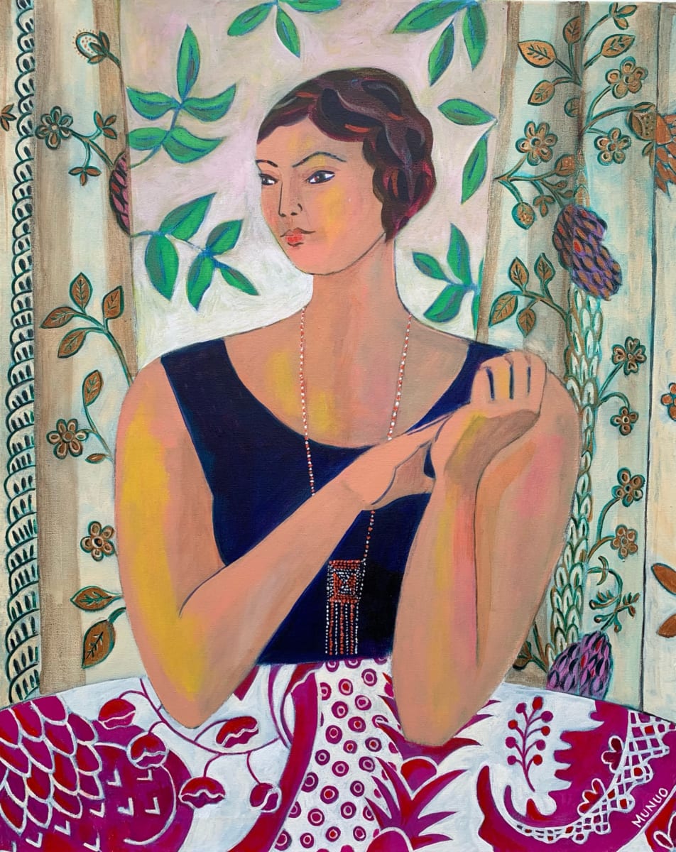 “Leman Interior” sitter wears African beaded necklace in an interior inspired by remembered V&A Silks. Acrylic on canvas 76 x 61 cm