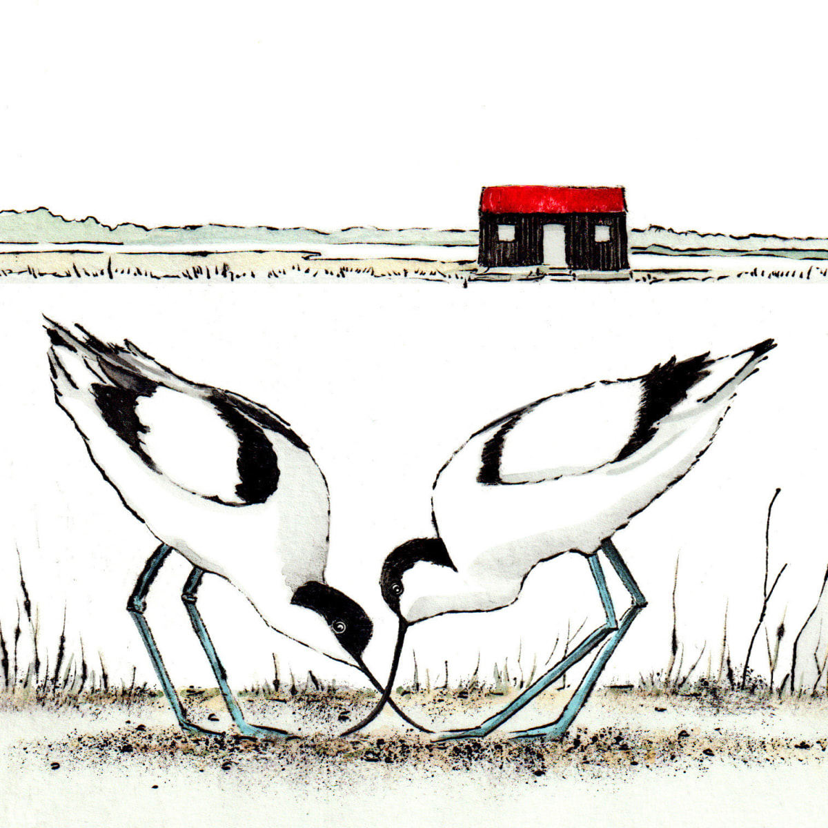 Rye Avocets - a drypoint print with watercolour depicting two avocets probing for food in front of the fisherman's hut at Rye Harbour in Sussex