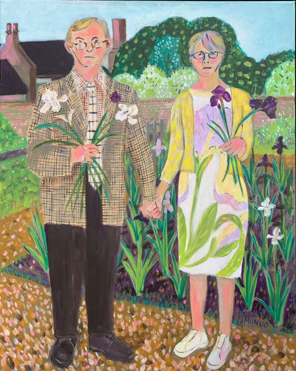 “Sarah Cook and Jim Marshall” getting the Benton Iris’s ready for the Chelsea Flower Show at Benton End. Acrylic on Canvas, 51 x 41 cm