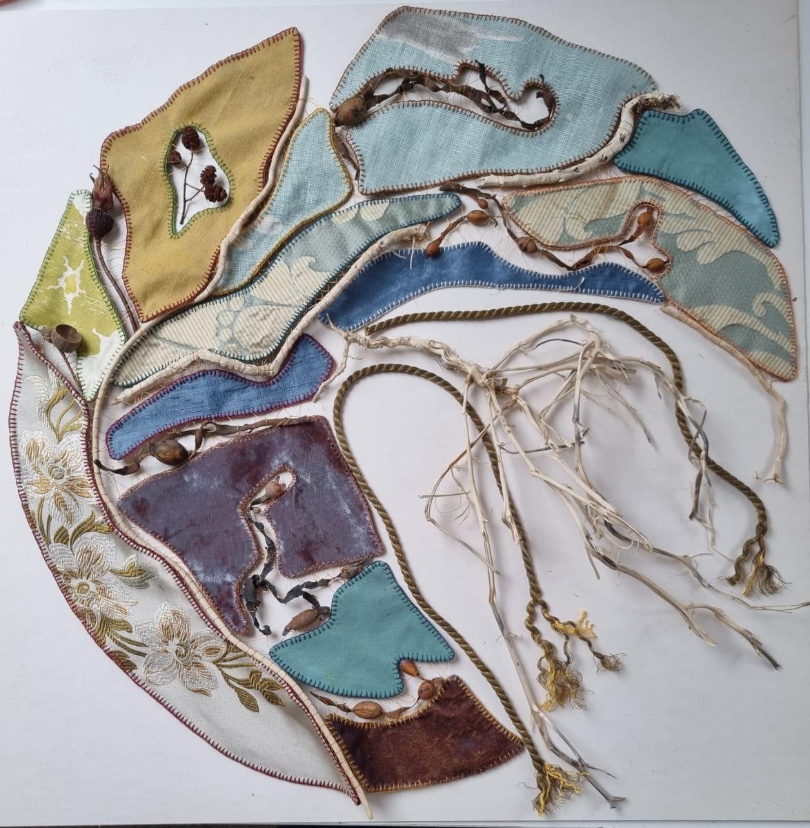Where-Next-the-Sea? Stitched panel combining organic matter and textile.