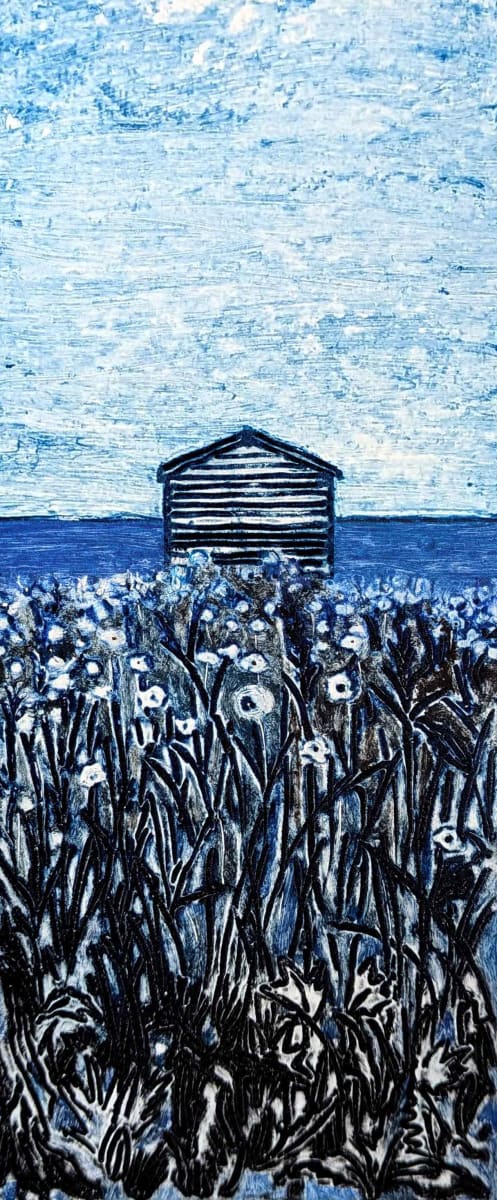 Shoreline Flora - a collograph print of a beach hut with coastal plants in the foreground in shades of blue and black