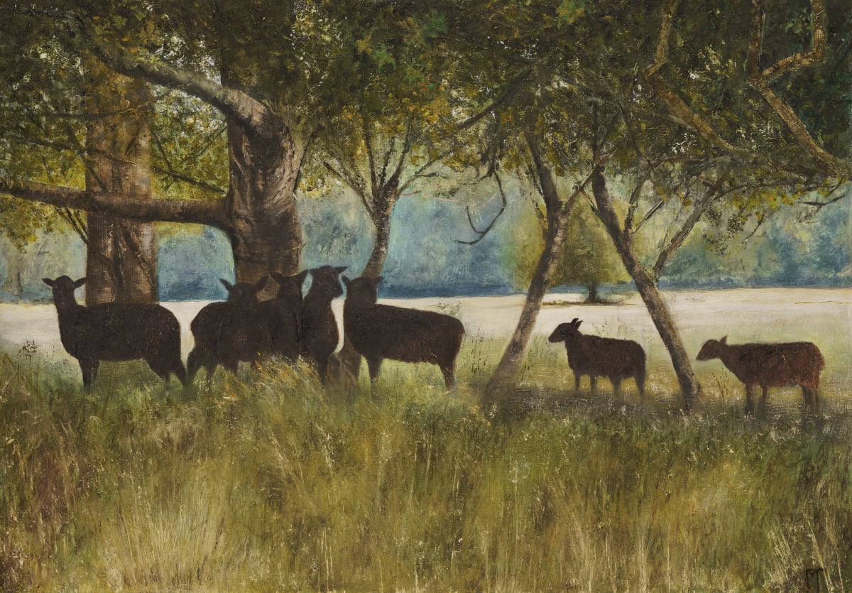 Oil painting of sheep sheltering under trees.