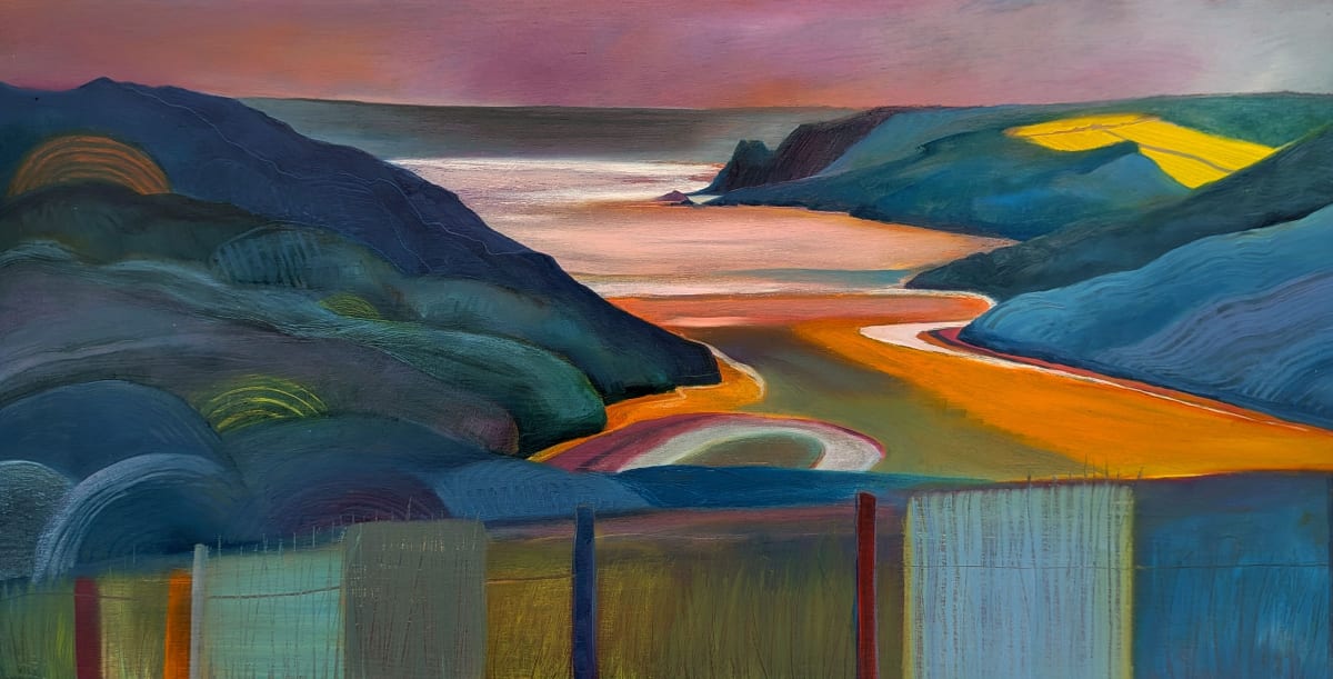 Oil painting in imagined colours of Three Cliffs Bay in Wales