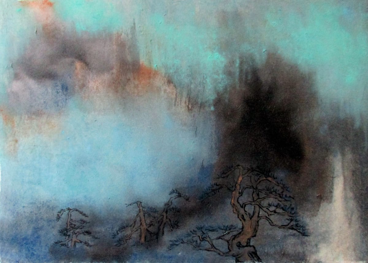 Mountain Gorge with Waterfall by Ann Massing - Splash ink landscape