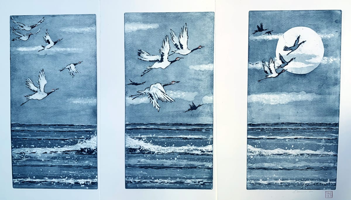 Triptych, Cranes Flying Home by Ann Massing