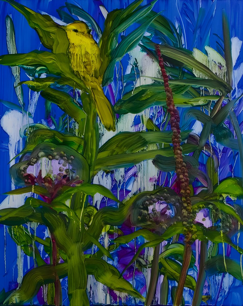 Marsh with reedwarbler by Barbara Howey - Oil on board
