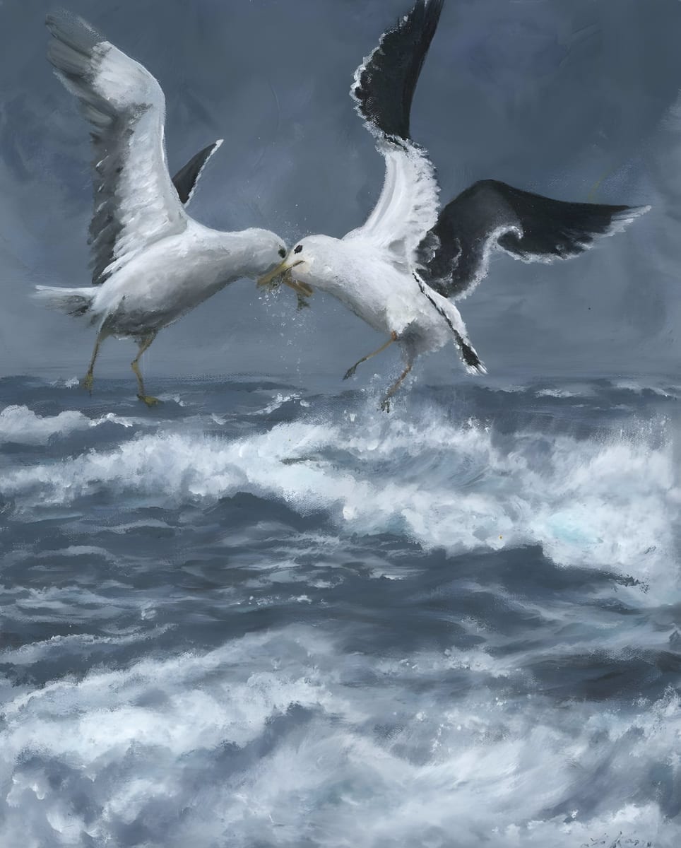 Battle At Sea by Fi Kane is a 42cm x 53cm acrylic on canvas painting reflective of struggle and strength.