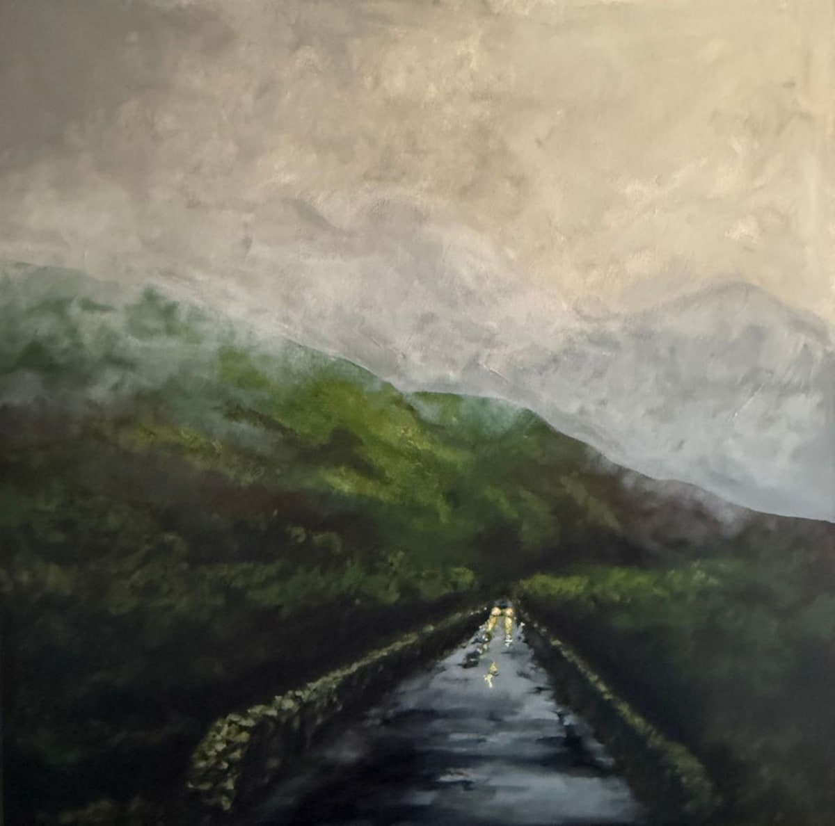 Heading Home by Fi Kane. This 90cm x 90cm acrylic on canvas painting is s inspired by Bealach na Bà — the Pass of the Cattle — that extraordinary single-track road winding through the mountains on the Applecross peninsula.