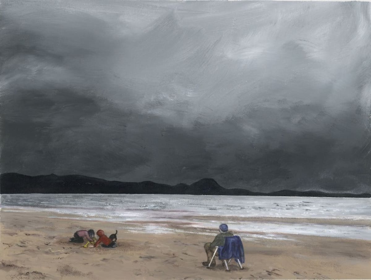 Rain, Hail Or Shine by Fi Kane is a 56cm x 43cm framed watercolour is inspired by Scottish summers growing up.